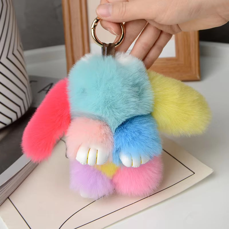 Fluffy Fur Pompom Rabbit Keychain Women Cute Bunny Key Chain Female Bag Car Charms Trinket Hare Toy Jewelry Party Gift