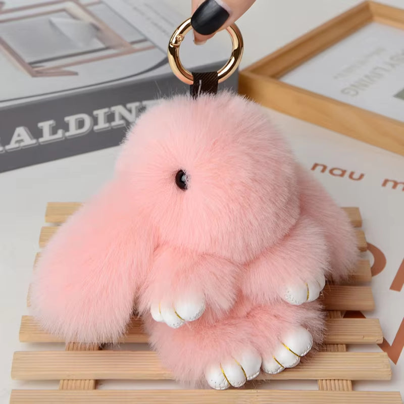 Fluffy Fur Pompom Rabbit Keychain Women Cute Bunny Key Chain Female Bag Car Charms Trinket Hare Toy Jewelry Party Gift